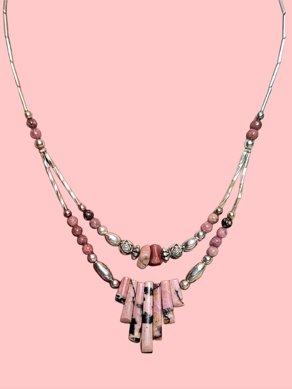 Pink Rhodonite & Liquid Silver Multi-Strand Necklace - Picture 2 of 2